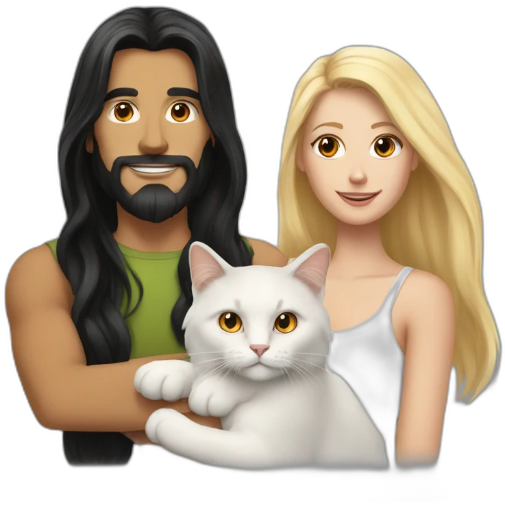 A white man with long black hair, Blonde white woman holding an orange and white cat with long hair emoji