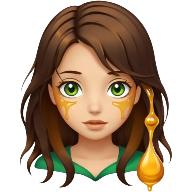 Pretty girl, with dark brown honey hair and green eyes and hair strands dripping honey emoji