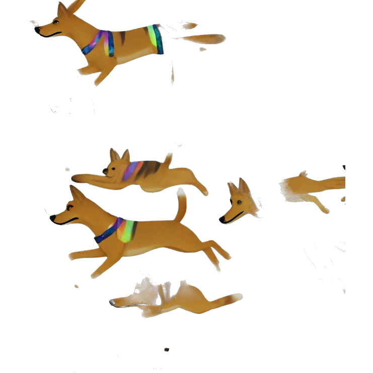  brindle brown black maroon striped lurcher Alsatian fox running blue eyes and iridescent holographic oilslick harness wearing paper iridescent tropical flower crown yellow caution tape emoji