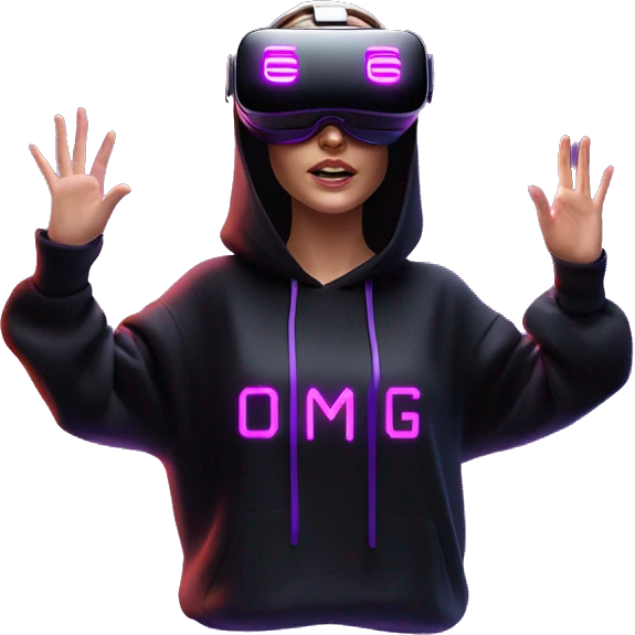 Russian girl wearing black hoody with violet letters "OMG", in vr headset oculus quest2. Standing like jedi. Cyberpunk style. Violet neon. emoji