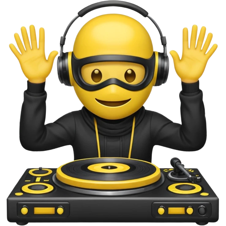 Make a customized yellow head emoji with hands and holding a dj turn table  in a  ninja face mask emoji