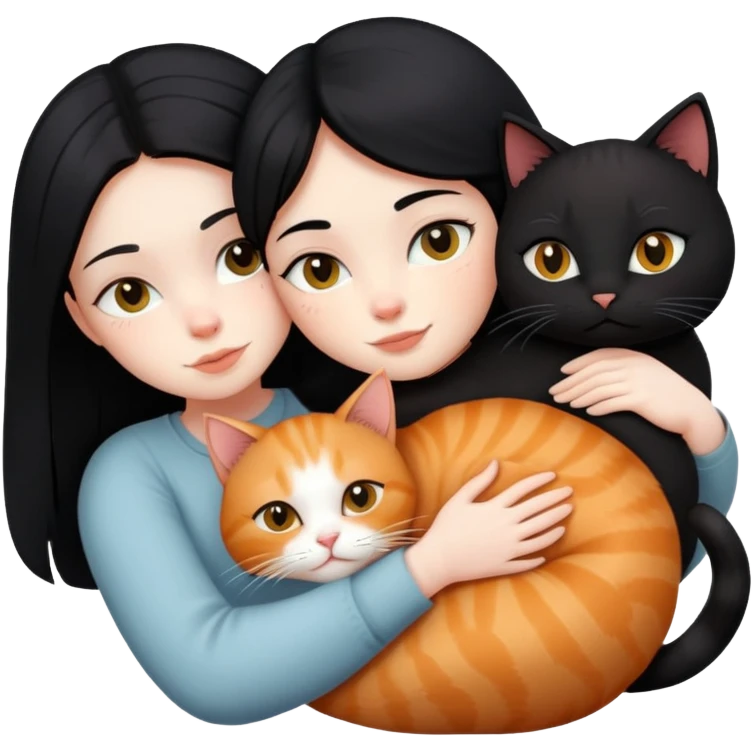 A black-haired girl hugs a ginger cat and A black cat emoji