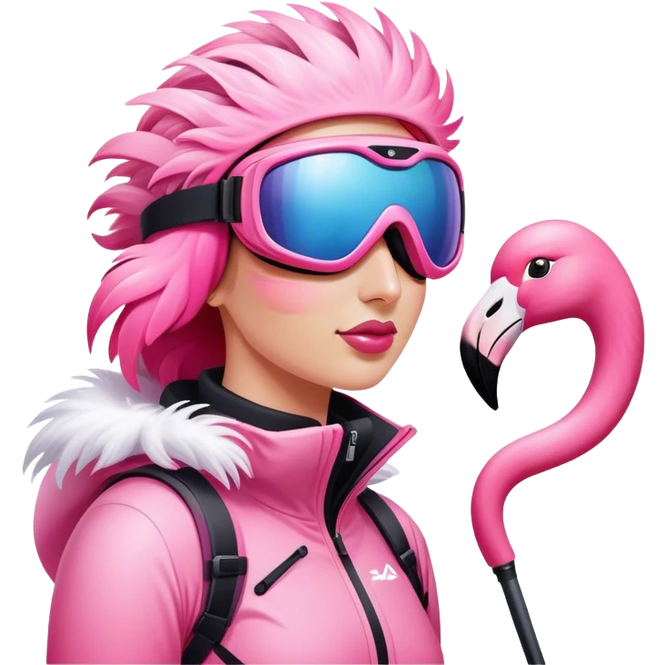 A female skiing flamingo on the slope wearing ski goggles emoji