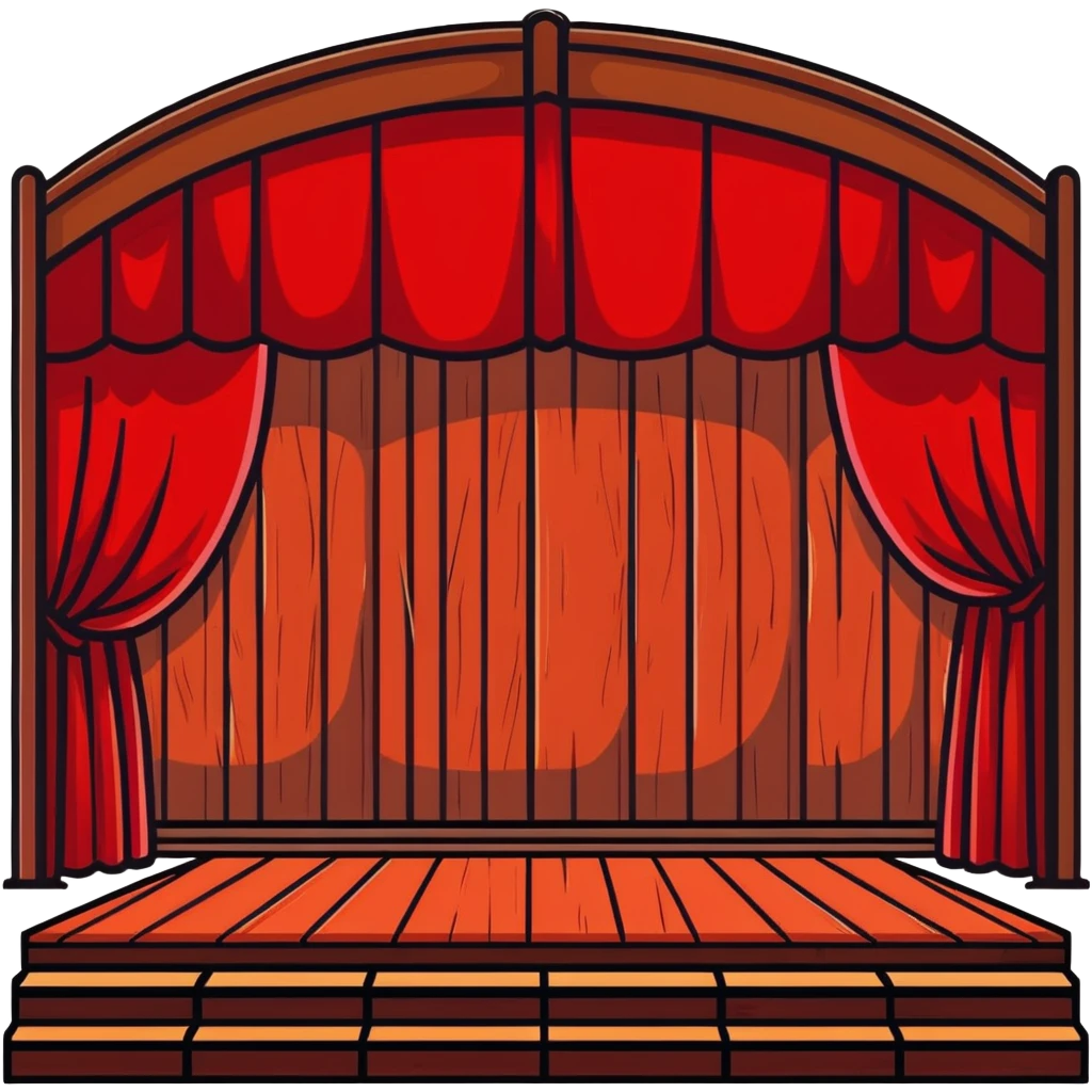 dramatic theater stage with red curtains drawn to sides, wooden planks, and bright spotlight in middle emoji