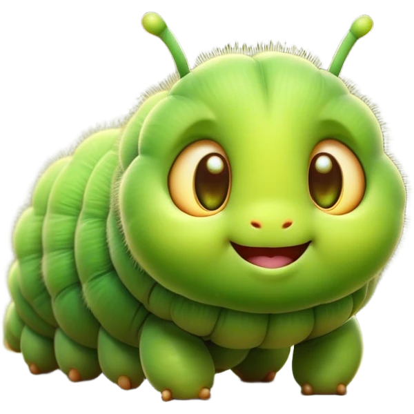 Cinematic Cute Caterpillar Portrait Emoji, Head tilted playfully and inquisitively, featuring a small, fuzzy body with rounded, plump segments, soft, endearing eyes and a charmingly wiggly movement, Simplified yet irresistibly adorable features, highly detailed, glowing with a warm, inviting green glow, high shine, affectionate and lively, stylized with a touch of whimsical woodland charm, soft glowing outline, capturing the essence of a mischievous caterpillar that seems as if it could crawl out of the screen into your arms! emoji