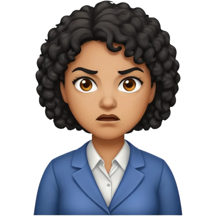 An angry female teacher with brown skin, black curly hair, and slightly chubby emoji