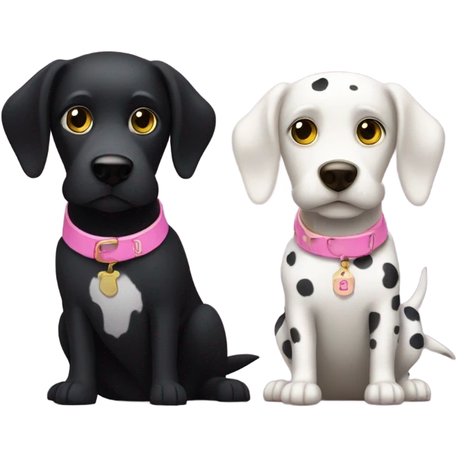 Black dog with white spotty legs and pink collar sitting next to bigger black dog with white legs and yellow collar emoji