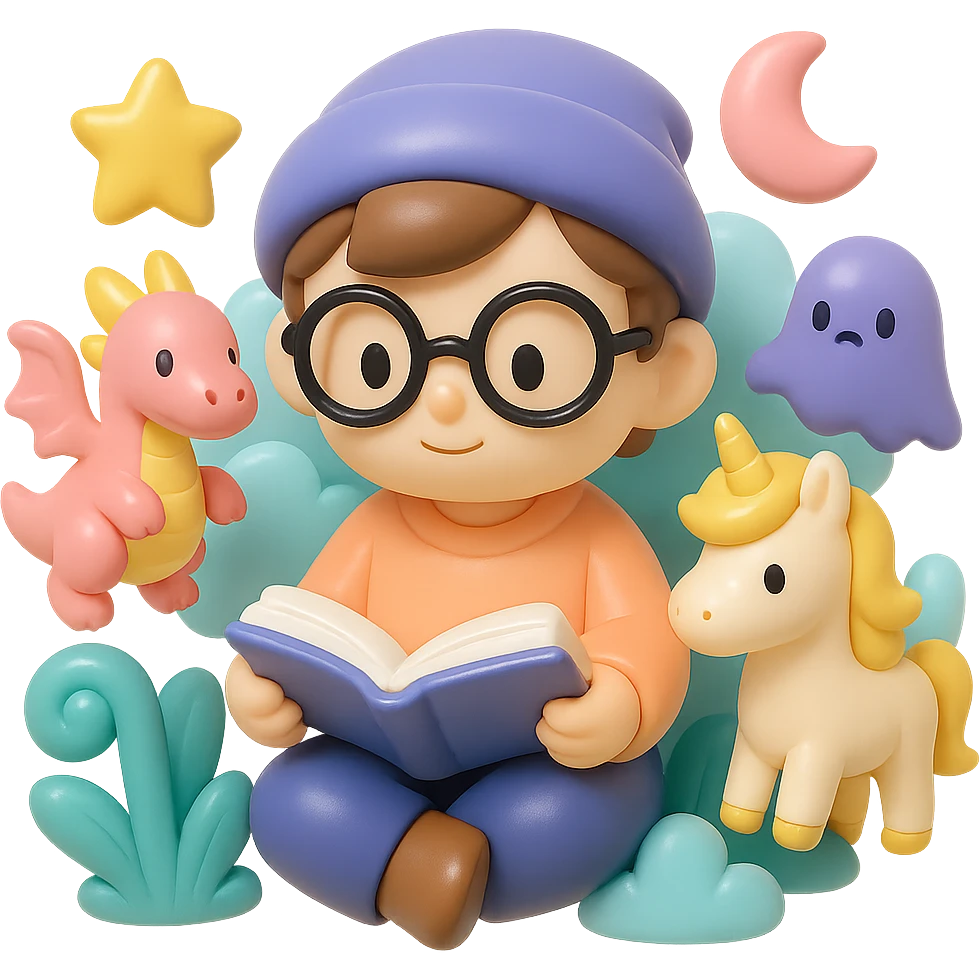 beginner author, surrounded by fantasy creatures and elements, looking imaginative, using a color palette of soft pastel colors with accents of gold and deep purple emoji