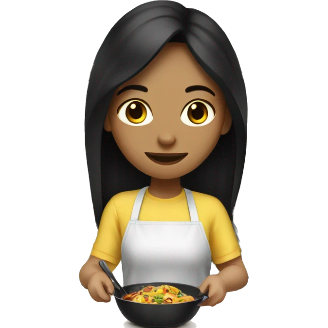 Pale girl with long black hair cooking dinner  emoji