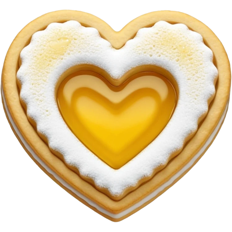 Realistic shortbread cookie in the shape of a heart with color of lemon jelly middle filling and sprinkled powder sugar on top. emoji