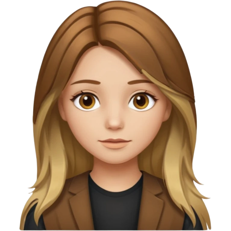 make a girl with long brown hair with blond highlights and layers with hazel eyes middle part emoji