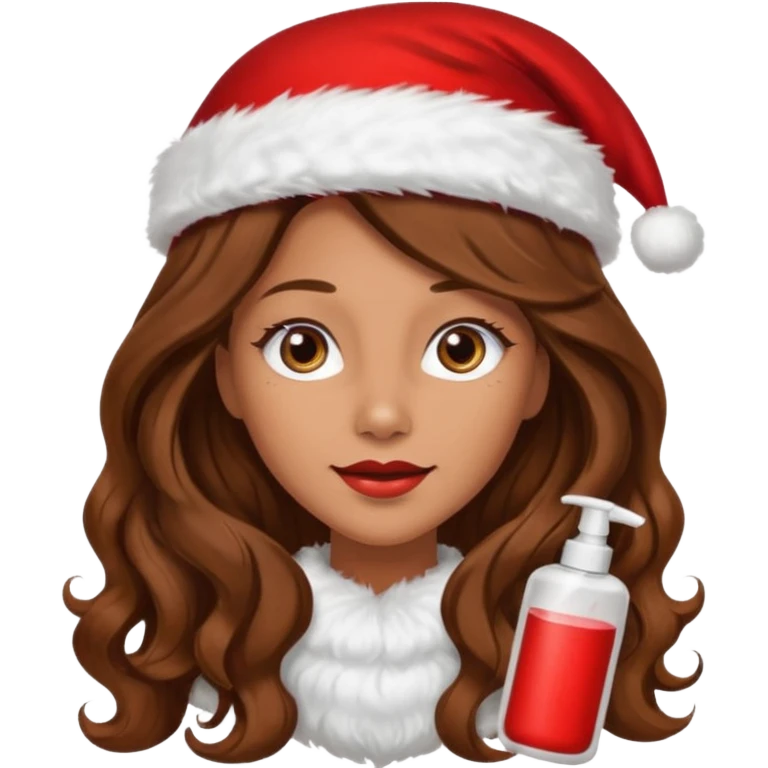 mujer peinandose en la peluqueria y con un gorro de navidad, cabello largo café y ondulado emoji