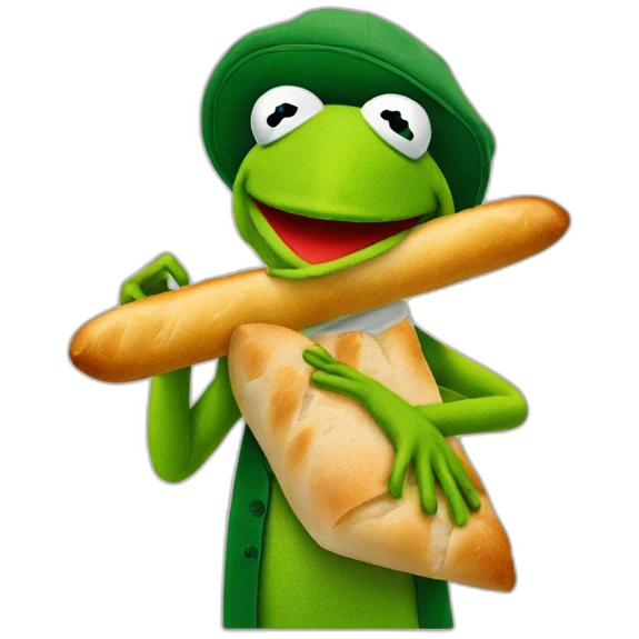 kermit the frog with a berret and a baguette emoji