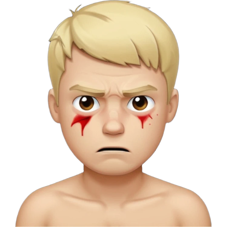 a blond guy with a short haircut, a tired and angry face, no shirt, with bruises under his eyes, and signs of beatings on his body, in the dark emoji