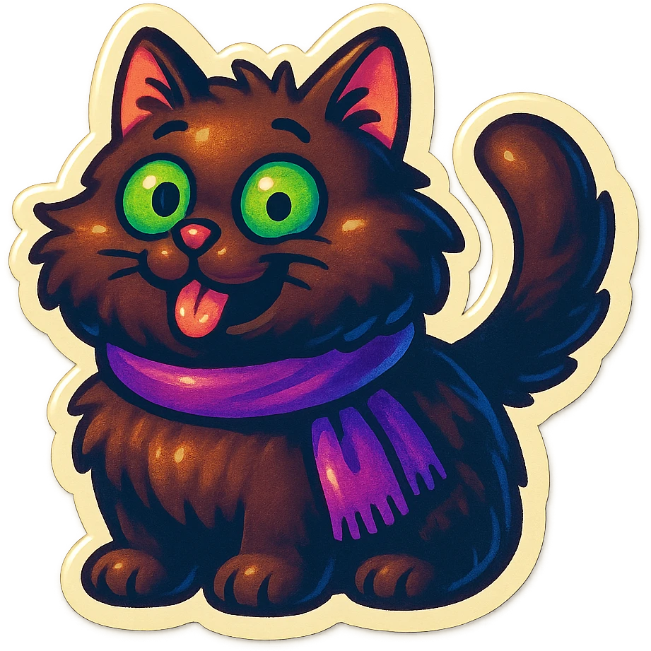 Fluffy cute derpy silly goofy funny dark-brown cat with green eyes and a purple scarf  emoji