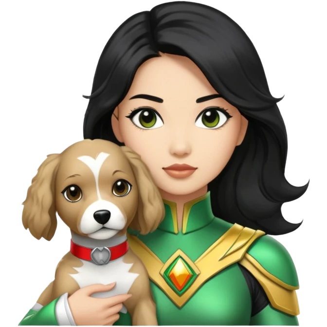 female green power ranger with wasian features, long black hair, and a fully light brown cockapoo dog at her side emoji