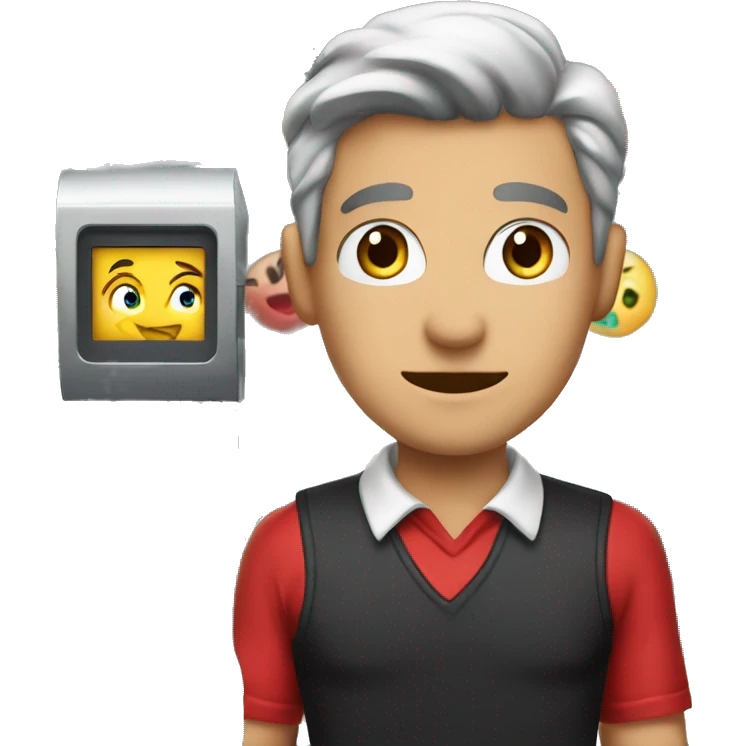 a male cashier in red dress next to chashier machine emoji