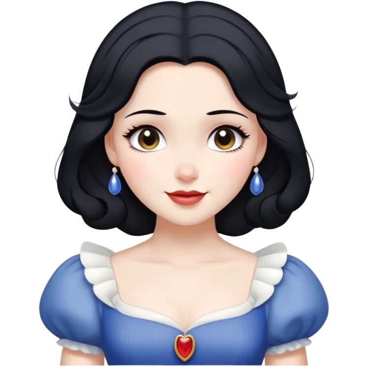 Cinematic Radiant Snow White Portrait Emoji, rendered in a realistic, vector style with clean proportions. Show Snow White with a soft, welcoming smile, delicate porcelain skin, and neatly arranged raven hair, wearing her timeless dress. The image radiates a warm, inviting glow, high shine, and is enhanced by a soft glowing outline that accentuates her gentle beauty. emoji