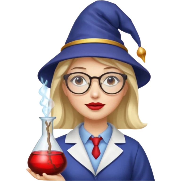 woman scientist with glasses, wearing wizard hat custome, with glass vase, red emoji
