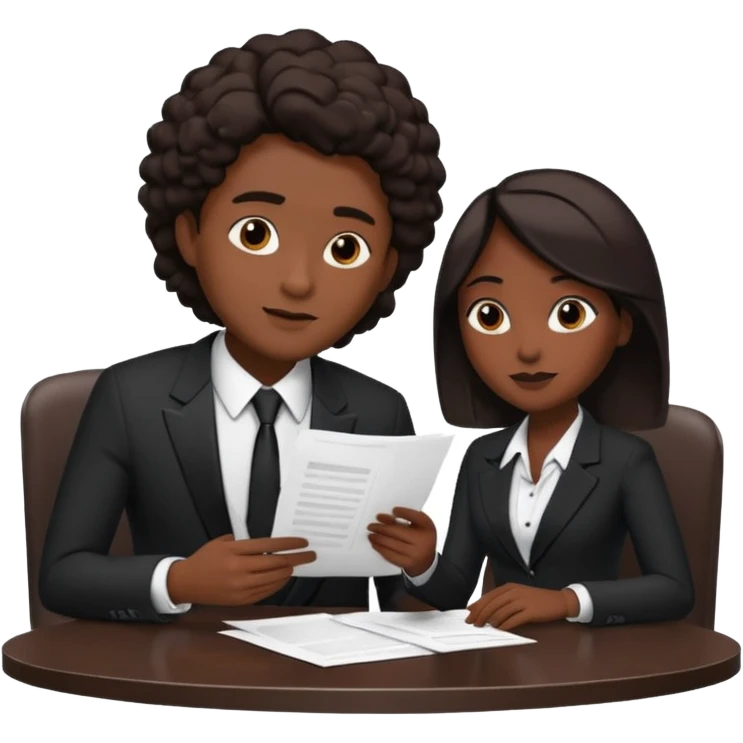 man in formal suit talking to woman in formal suit, they sit, papers in hands on the table emoji