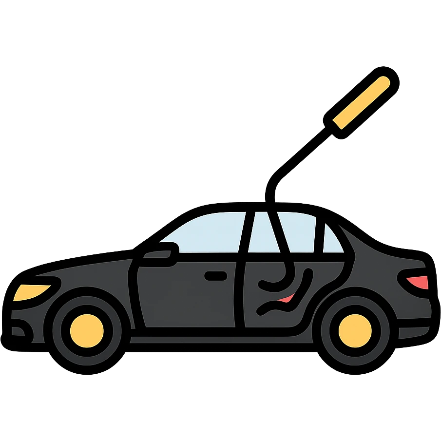 icon of a high-end black car with a subtle rod or hook tool touching a dent, matte black as main color, fine silver lines for contrast, simple style, focus on dent repair emoji