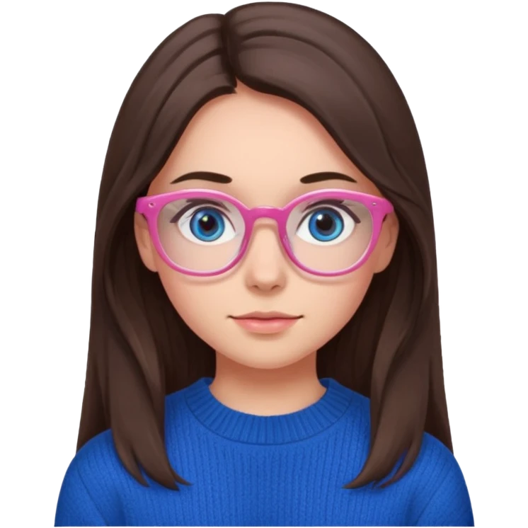 brunette girl whit blue sweater, long hair, brown eyes, pink eyeglasses  emoji