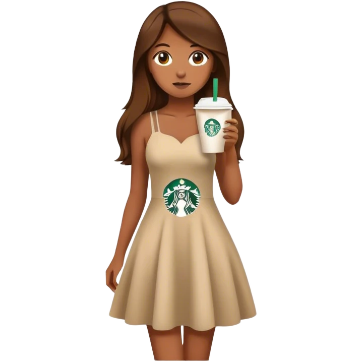 Diva girl with long brown hair and starbucks wearing dress emoji