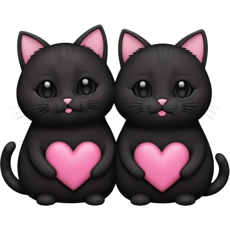 two fat cute black cats love, pink heart, closed mouth, black ears emoji