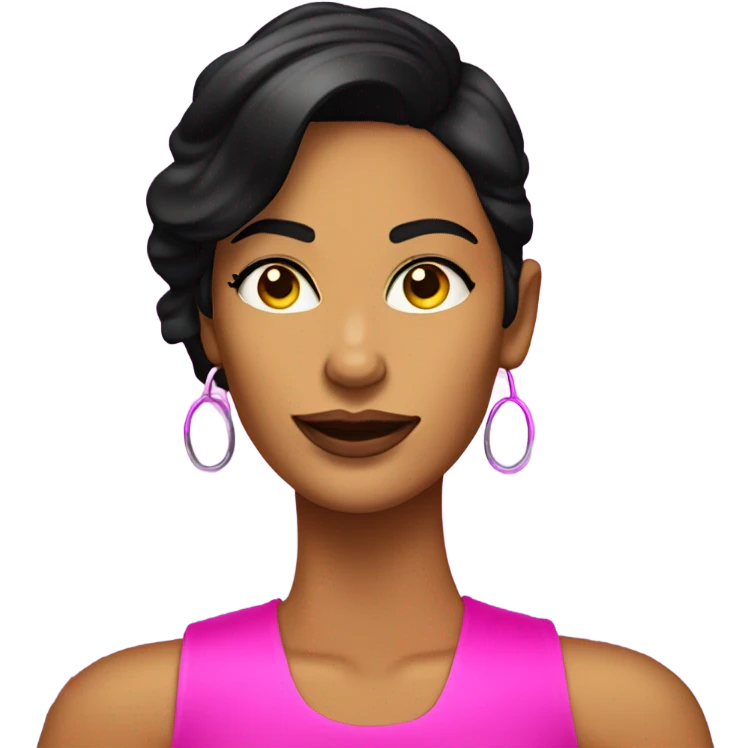 Tanned woman with black hair wearing 1980s style neon outfit and hair emoji