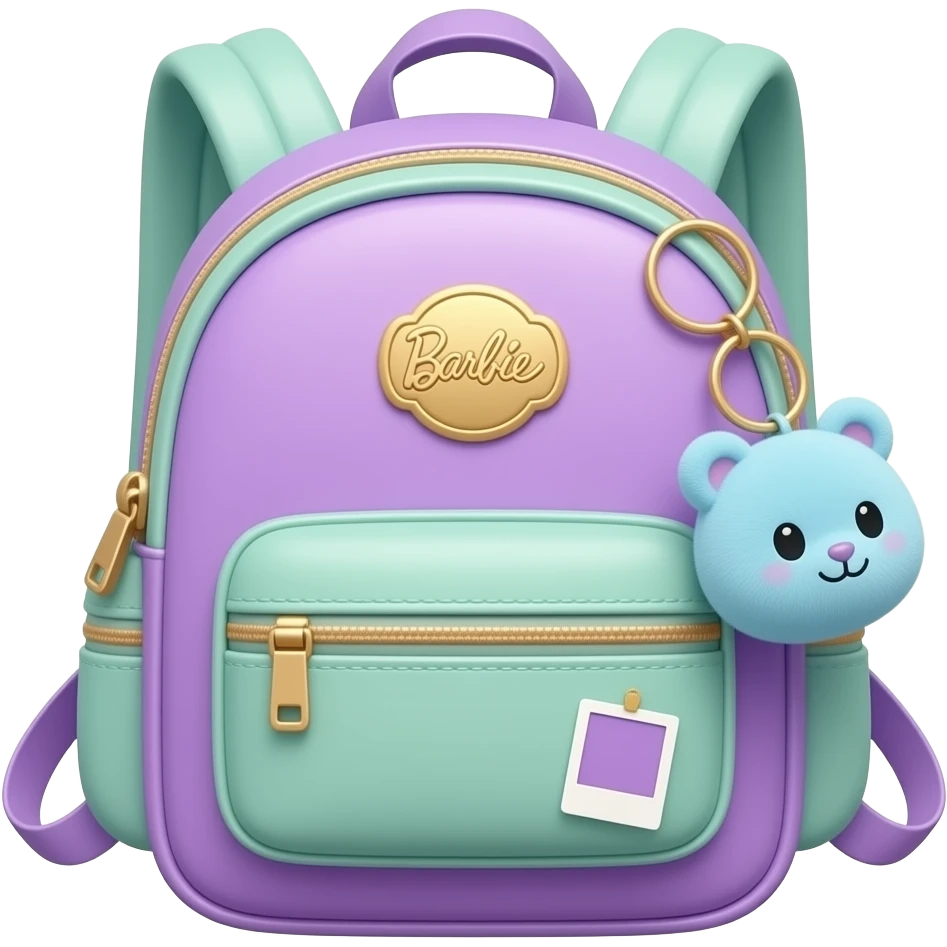 soft purple green school bagpack Plush keychain photo frame, transparent background inspired by barbie colour pallete emoji