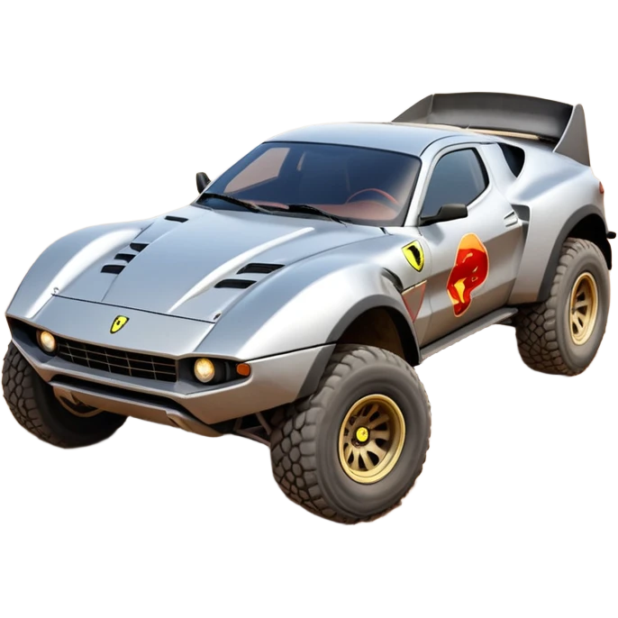 Satan’s Ferrari -colored Dirty and dented Local Motors Rally Fighter off road race car hot rod trophy truck-style basher flying on a dusty road (silver wheels) emoji