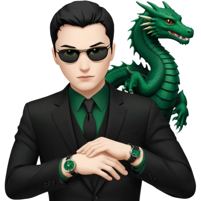 mysterious scenery: green audemars piguet watch (without text), black bugatti, and a dark green dragon, and a mysterious agent from The Matrix emoji