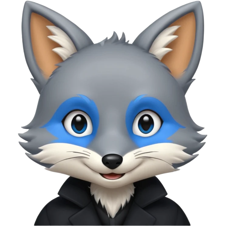 Grey anthropomorphic furry fox with a black coat, blue eyes, and a small fringe of black hair in head, smiling emoji