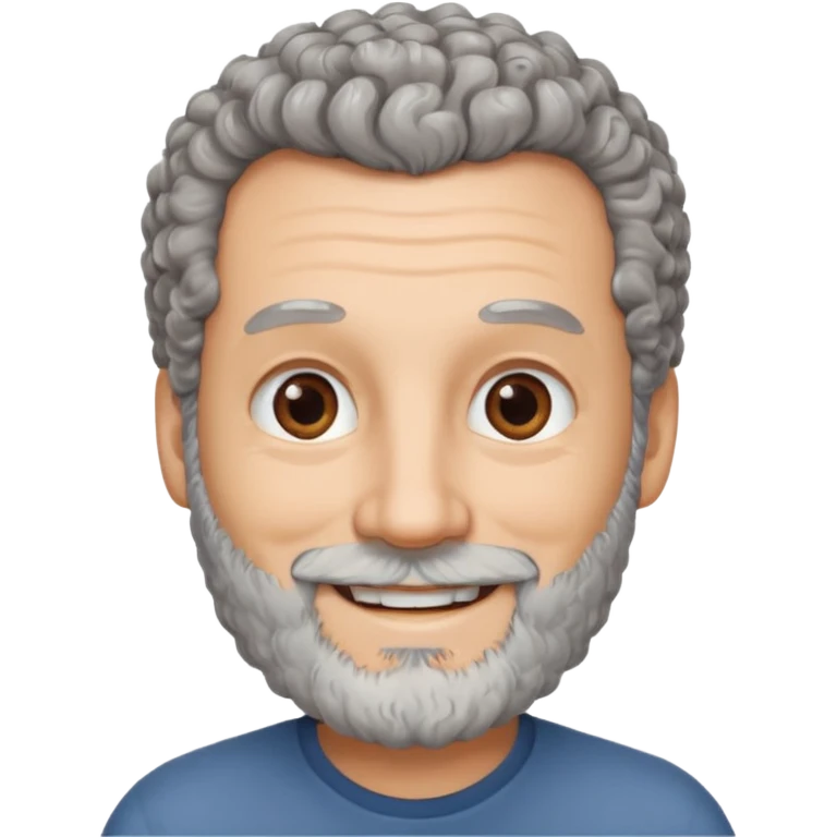 Illustrated emoji of a middle aged man with receding grey curly hair, brown eyes, white skin and a beard emoji