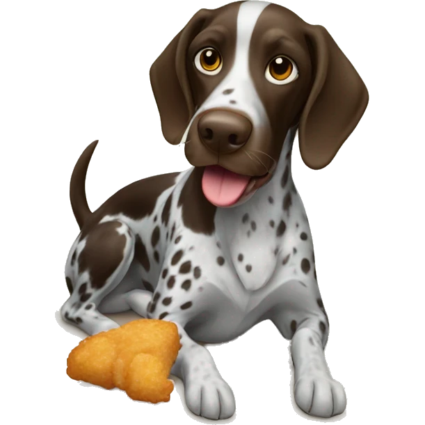 German pointer dog eating a chicken nugget emoji