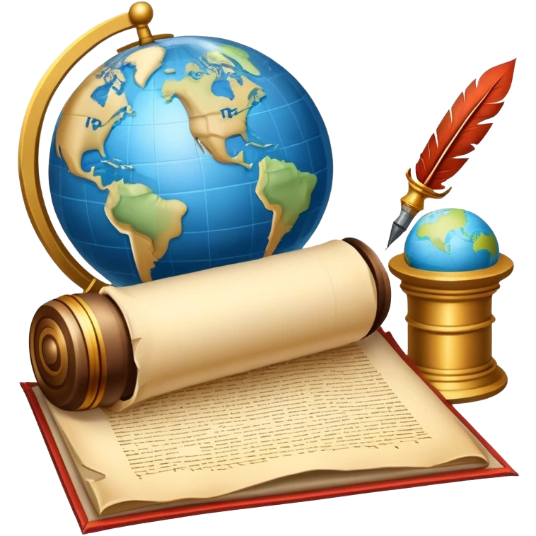 An icon featuring an ancient scroll, a quill pen, and a globe, symbolizing the study of history. The design includes a timeline with significant historical events, with ruins in the background to evoke past civilizations. Transparent background emphasizes the exploration of human history emoji