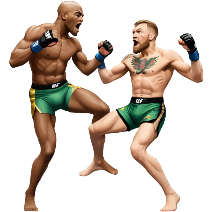 An MMA showdown between Conor McGregor and Anderson Silva in the octagon. McGregor is executing a jumping strike, while Silva skillfully deflects the attack. The background shows the UFC octagon with roaring fans and vibrant energy. Transparent background. emoji