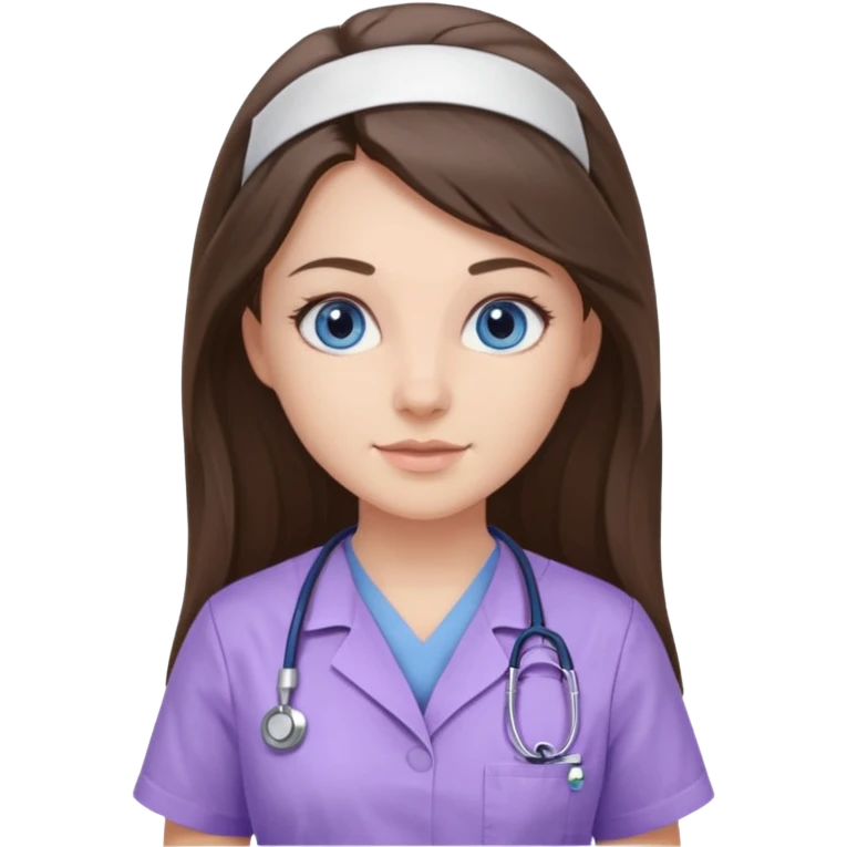pretty brunette nurse with long hair and blue eyes in lilac scrubs emoji
