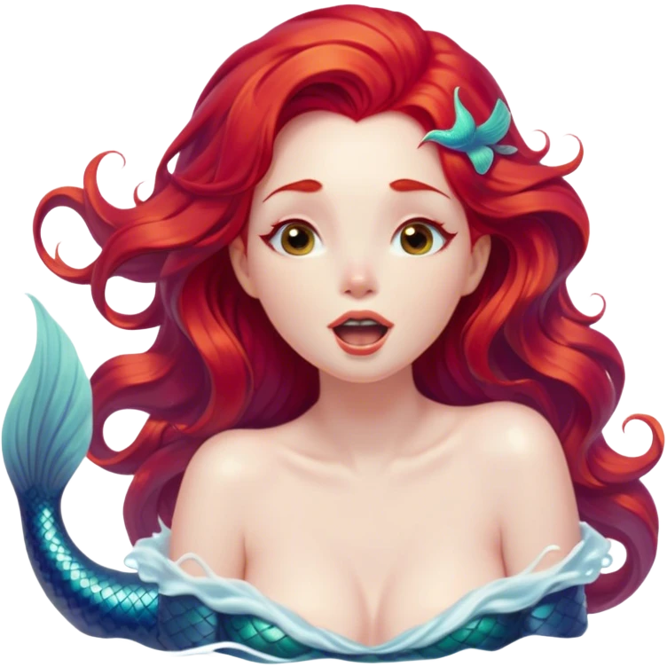 Cinematic Realistic Red Hair Mermaid Portrait, head tilted slightly with a dramatic, wide-open yawn, revealing a tender, relaxed visage with delicately detailed porcelain skin and vibrant, cascading red hair softly billowing around her. Her dreamy eyes exude a serene, aquatic charm, rendered with gentle underwater lighting and high shine—capturing the essence of a drowsy yet mesmerizing mermaid drifting into a tranquil slumber beneath the sea. emoji