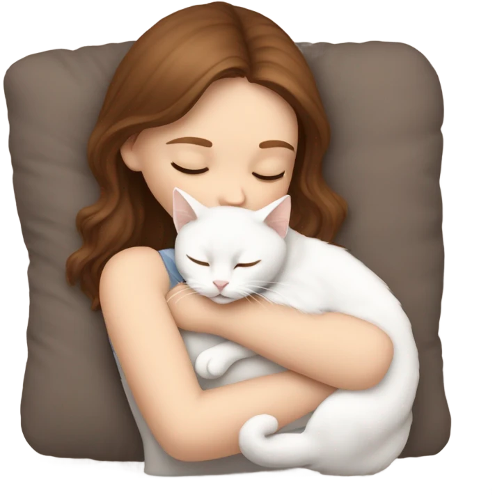 White girl brown hair sleeping with white kitty emoji