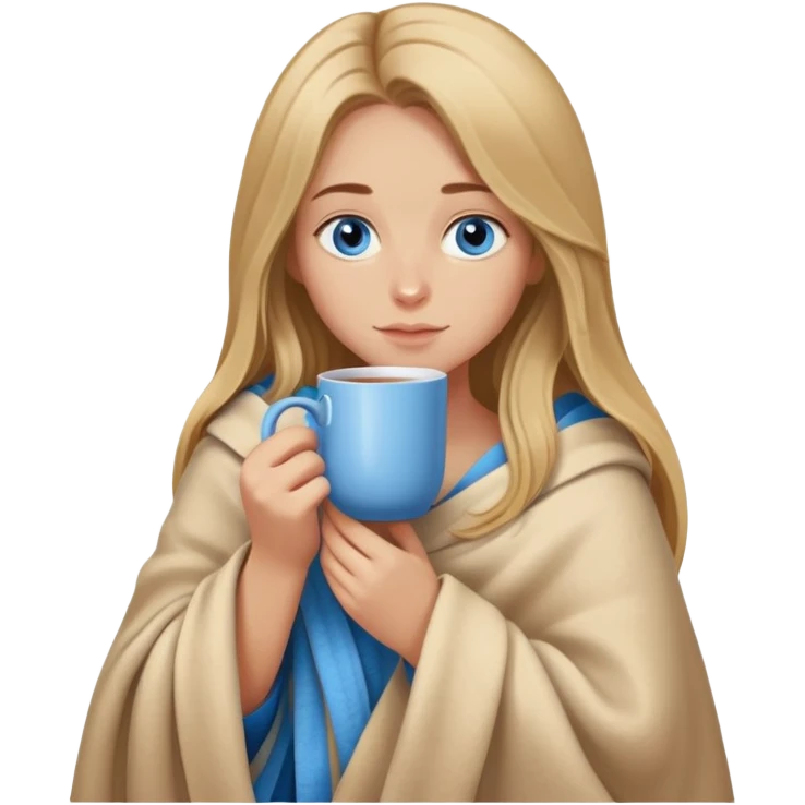 Dark blonde girl with long hair blue eyes snuggled up in a blanket and holding a hot tea in her hands Dark blonde girl with long hair snuggled up in a blanket and holding a hot tea in her hands emoji