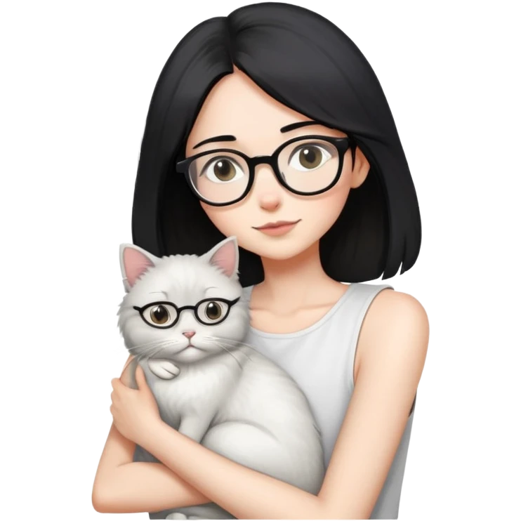 Skinny woman with oval glasses, shoulder length straight black hair, wearing white sleeveless top, hugging a grey Persian-Angora cat, plain background emoji