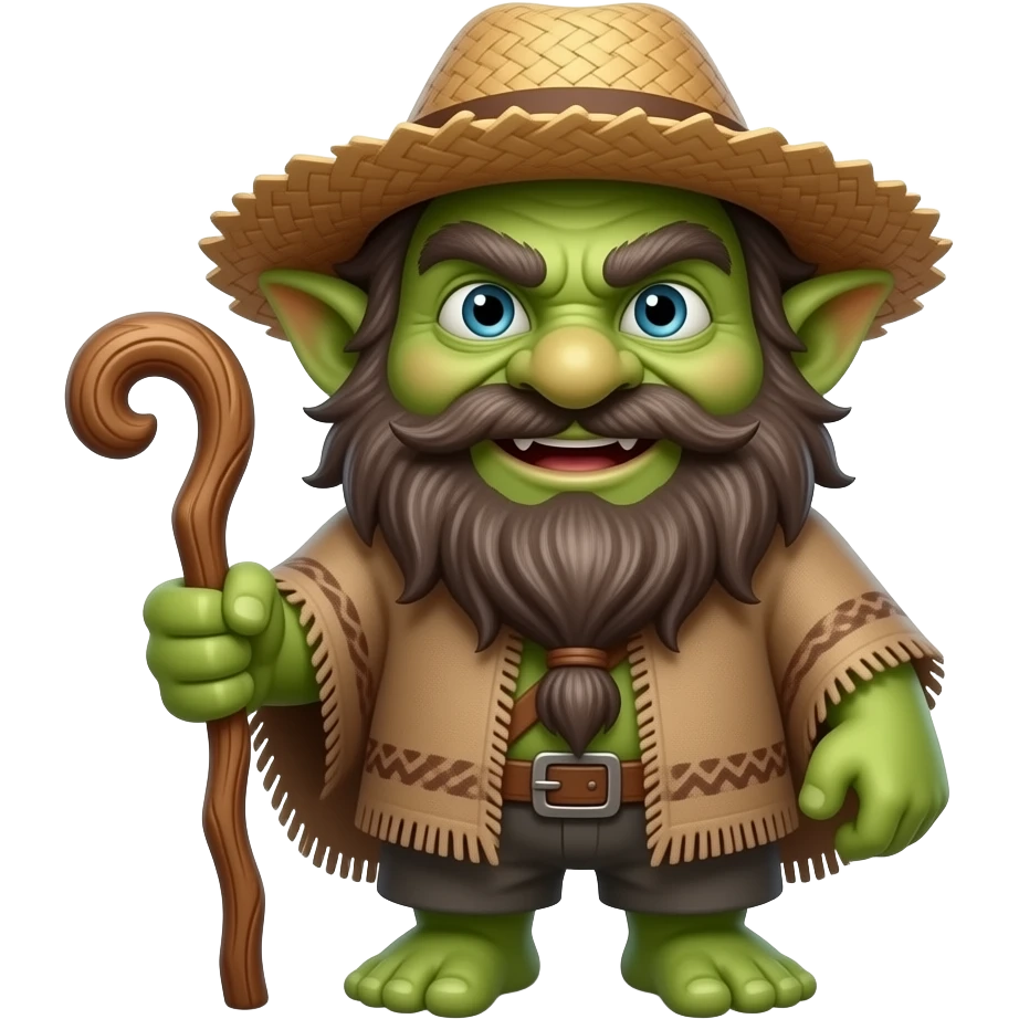 cartoon emoji sticker of a tiny forest goblin, short and chubby body, oversized head, large beard, wild hair, mischievous grin, wearing a rustic poncho and straw hat, holding a small wooden staff or club emoji