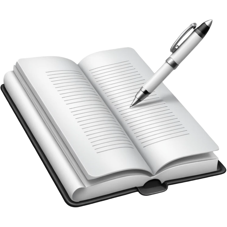 "A white open book,The pen should be positioned as placed exactly in the center between the pages.  if held by a right-handed person - meaning the direction is reversed compared to a left-handed grip. The pen should be uncapped, and the cap placed behind it." emoji
