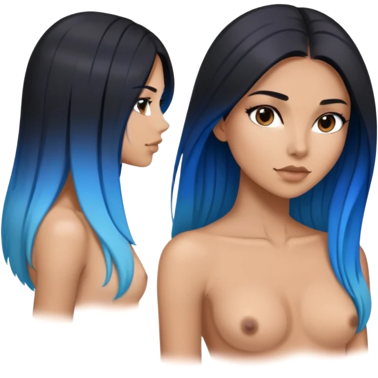 Art of woman's very sexy body scheme anatomy-bare shoulders and front-very long straight black to blue hair ombre emoji