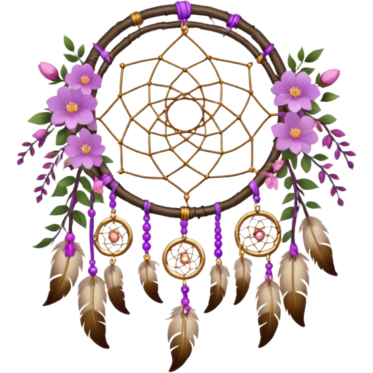 A white-birch-circle-framed Dreamcatcher. with purple-round-orbs, gold-rings hanging down. purple flowers, pink sakura flowers, emoji