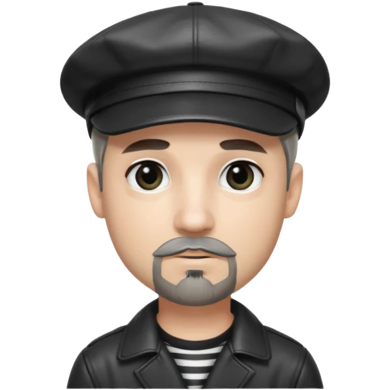 White Man with a dark grey goatee and a black shiny leather newsboy cap. He is wearing a black and white striped shirt. He is wearing heavy dark black eye makeup emoji
