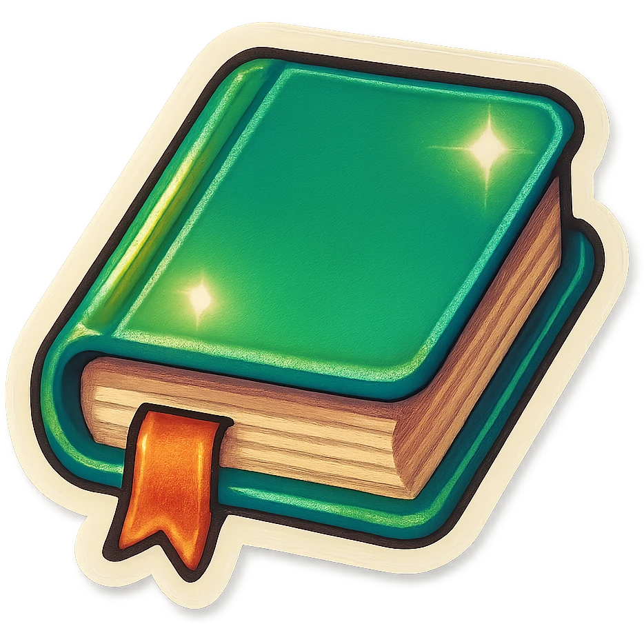 A green book with a bookmark in retro stickers style, with a vintage design and colorful details emoji