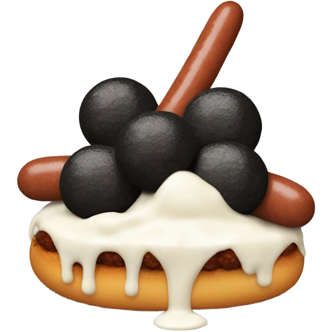 Sticking tong out with black sausage with 2 meat black meatballs with white sauce emoji