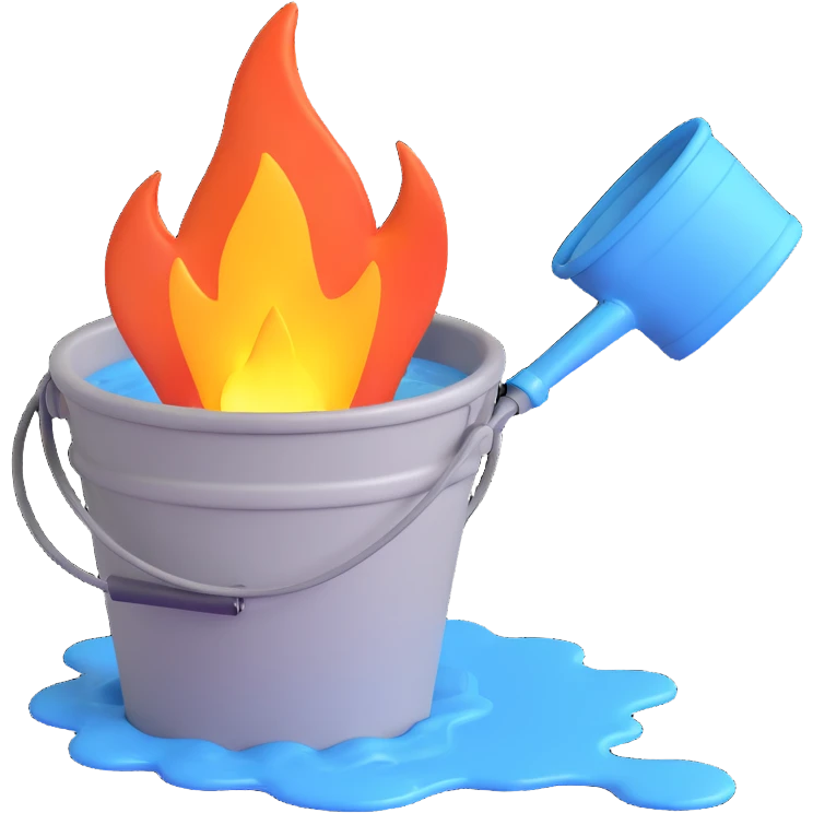 bucket pouring water on a small flame emoji